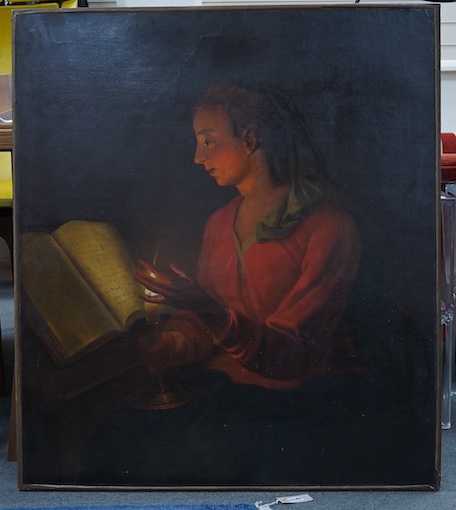 19th century School, oil on canvas, Study of a lady reading by candlelight, unsigned, 101 x 89cm, unframed. Condition - fair, re-lined